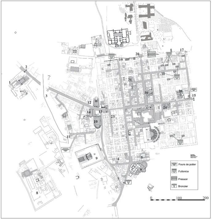 Fig. 5 : Timgad. Les ateliers tardifs identifiés (T. Amraoui et F. Bessière).