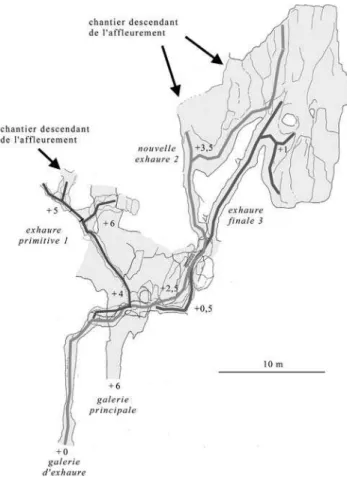 Figure 4: (See colour plate) Map of drainage adits and lower stopes in  Gorgeat sector.