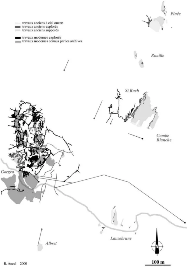 Figure 2 : (Voir planche couleur) Carte souterraine des travaux miniers du Fournel.
