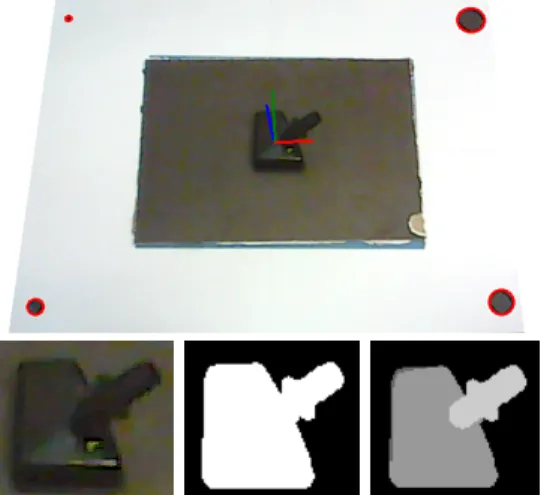 Figure 5. Pose estimation via homography using a blob detection (top) for patch, mask and depth ground truth creation using open gl (bottom).