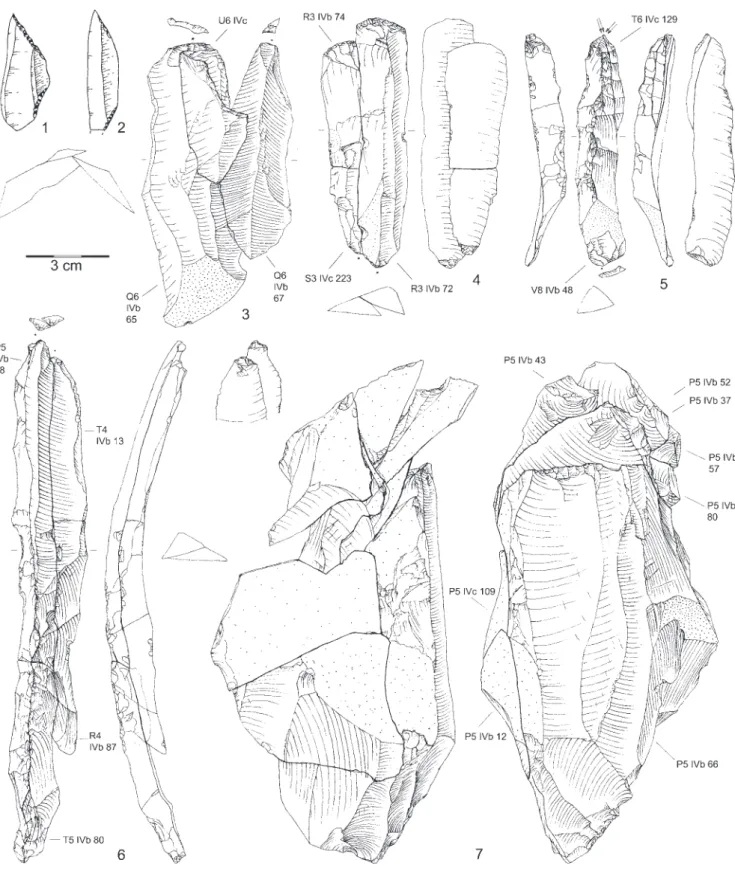 Fig. 4. Cepoy, La pierre aux Fées. 1 – pointe à cran (t5 IVb 102), 2 – pièce à double troncature (t5 IVb 12), 3–7 – remontages