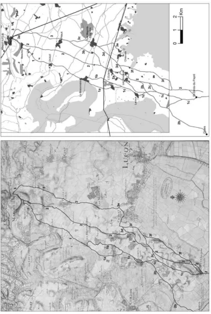 Fig. 3 : Comparaison entre les tracés relevés pour l’itinéraire  St-Denis-du-Payré/Mareuil-sur-Lay et les chemins figurés sur 