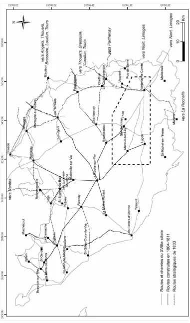 Fig. 10 : Routes vendéennes du XVIII e  s. (sur la carte de  Cassini) et du XIX e  s.