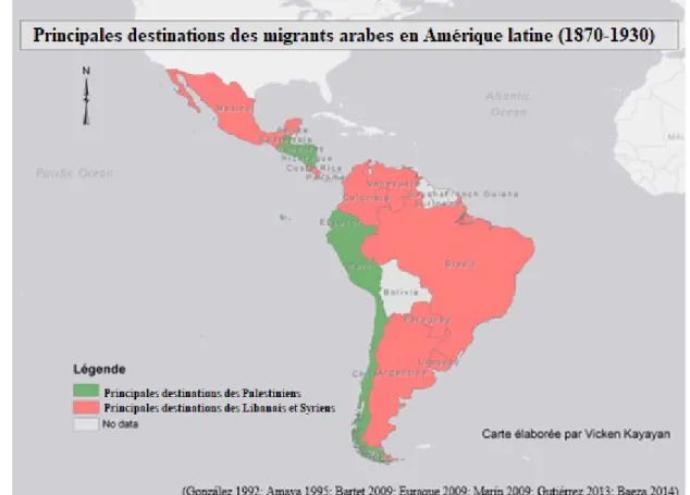 Figure 6.  Principales destinations des migrants moyen-orientaux en Amérique  latine (1870 à 1930) 