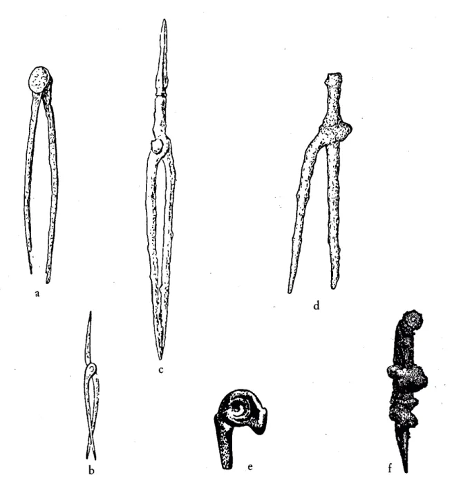 Figure 14.  Quelques exemples de compas de l’âge du Fer. Provenance variée, a : Priene, b-c : Celles, d :  Staré Hradisko, e : Briteirons, f : Lough Crew (LENERZ-DE WILDE 1977 : 7).