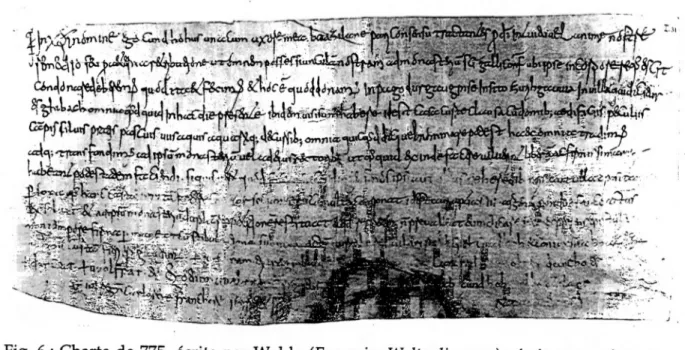 Fig.  6 :  Charte  d e  775,  écrite  p ar  W aldo  (Ego  enim  W alto  diaconus)  ; écriture  cursive  avec  des hastes m ontantes,  des  « a » en forme de « cc » et des ligatures