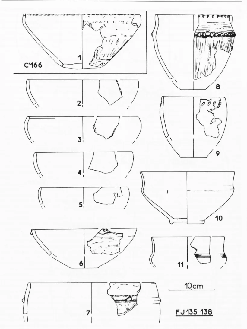 Fig. 7. Montagnieu  «Le Pré de  la Cour&gt; &gt;  (Ain). Céramiques de la couche 9 du chenal,  milieu du  VIlle siècle av