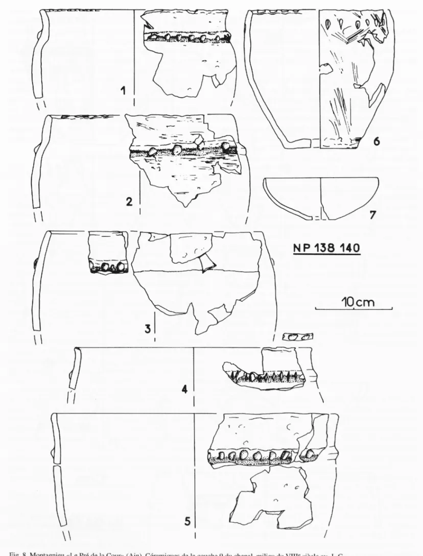Fig. 8. Montagnieu &lt; &lt;Le Pré de  la  Cour» (Ain).  Céramiques de la couche 9 du chenal,  milieu du VIne siècle  av