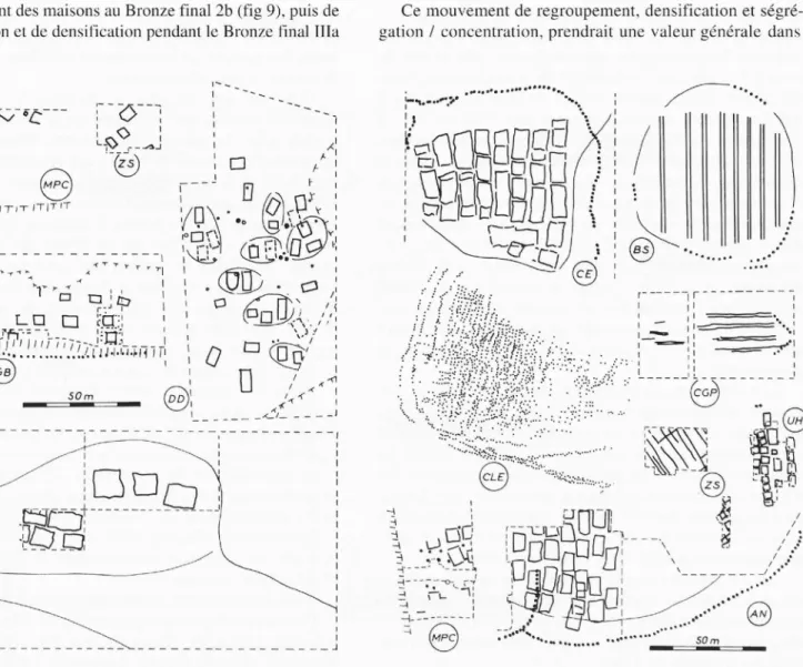Fig.  1  O.  Plans  des  villages  de  milieu x  ouve rts  connus  elu  Bronze  final 3 cl ans la régio n jurassienne