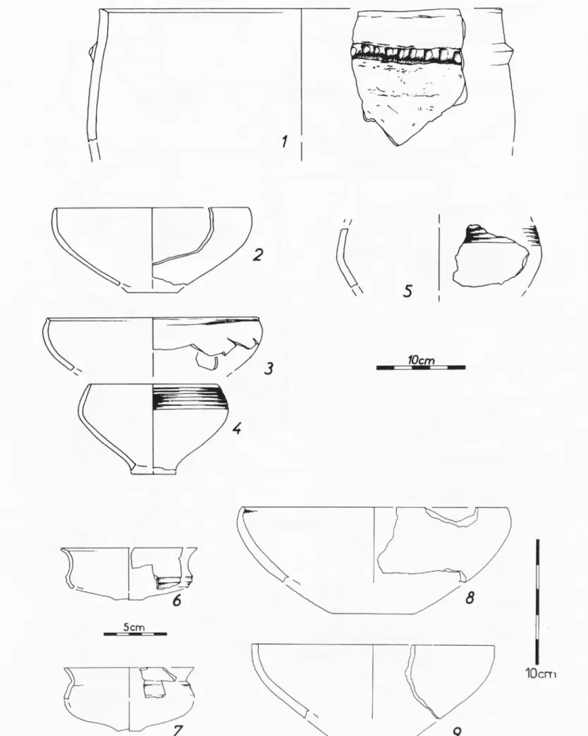Fig.  5.  Soyons &lt; &lt; La Brégoule&gt;&gt;  (Ardèche). Céramiques des  structures de  la couche 5C3s (1  à 4) et de la  couche 5Cls (5  à 9 )