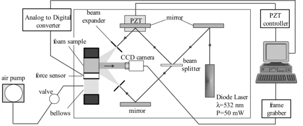 Figure 4: Schematic of the optical set-up for in-plane displacements measurements of the PVC foam under mechanical loading