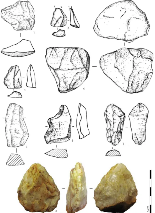 Fig. 3. Pradayrol, ensembles II et I/II, industrie lithique, quartz : nucléus Discoïde unifacial (1), éclats à talon seul en néocortex (2) et sans néocortex (3), nucléus bipolaire sur enclume (4), éclat à pans abrupts obtenu sur enclume (5), denticulé (6),