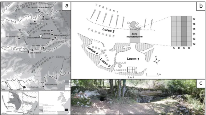 Fig. 1. a . Localisation de Pradayrol et des autres sites moustériens du Quercy (d’après Faivre et al., 2013, modiﬁé) 
