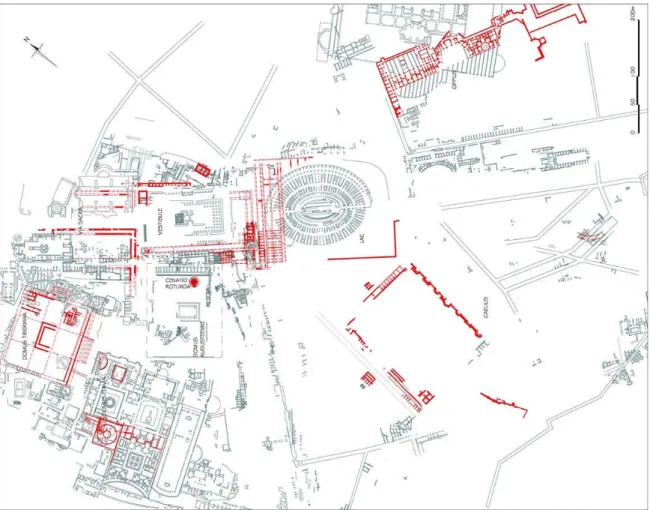 Fig. 1. L’édifice néronien de plan circulaire de la Vigna Barberini (cenatio rotunda ?) et son  contexte archéologique