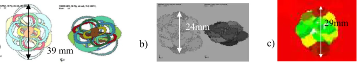 Figure 3. a) Delaminated cohesive or b) saturated elements model, and c) DT 15J C-Scan