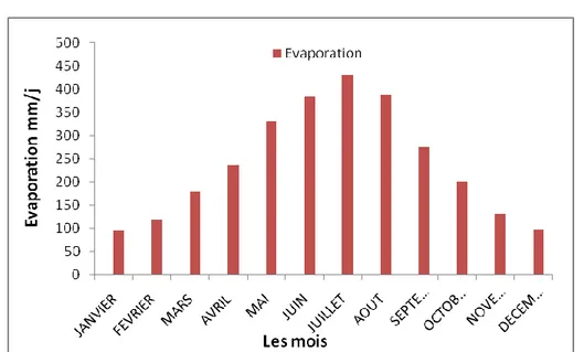 Figure I.14 : Variation de l’évaporation moyenne mensuelle de Fontaine des gazelles dans le  période (2001-2016)