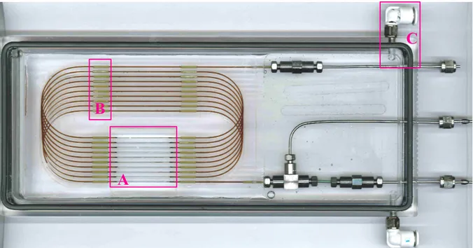 Figure 2: The transparent high pressure micro-reactor  – coaxial injection, L = 3 m, ID = 536 µm,  ID injection  = 100 µm 