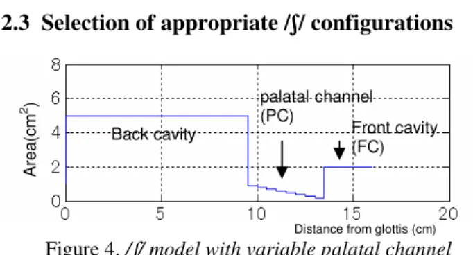Figure 4. / ʃ / model with variable palatal channel  and front cavity lengths.  