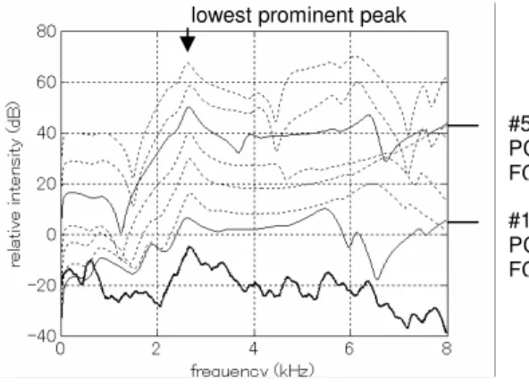 Figure 5. Time-averaged spectrum of / ʃ / extracted  from the target /a ʃ a/ utterance (bottom thick line) 