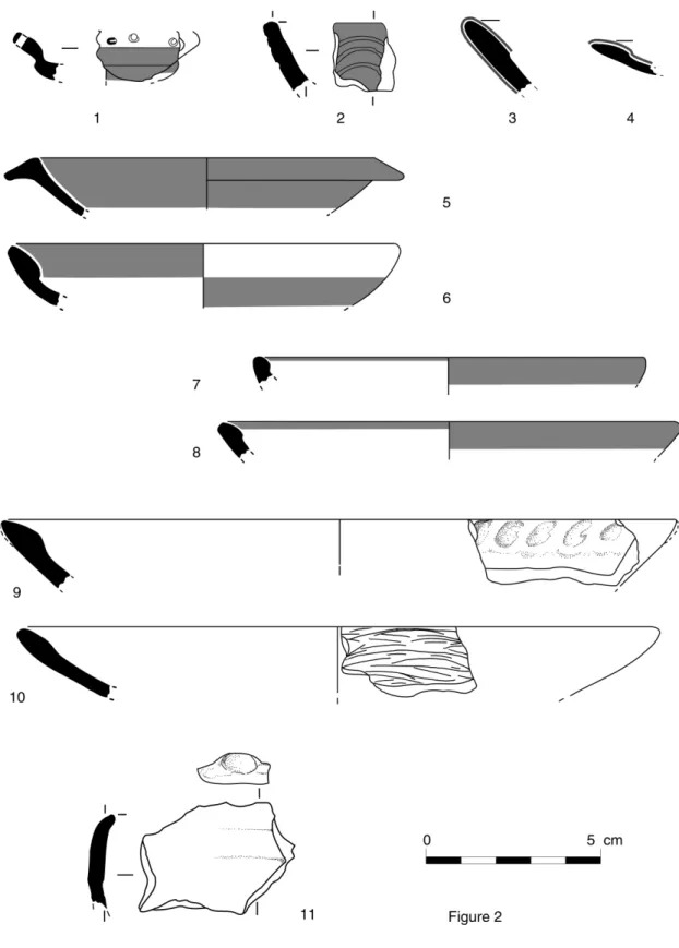 Figure 2 : Pointe de la Prairie, Céramiques décorées, les zones grisées correspondent à de la  peinture rouge