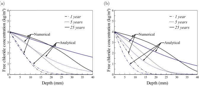 Figure 4: Chloride profiles for the analytical model and the numerical solution for di↵usion coefficients estimated at (a) 1 year and (b) 25 years.