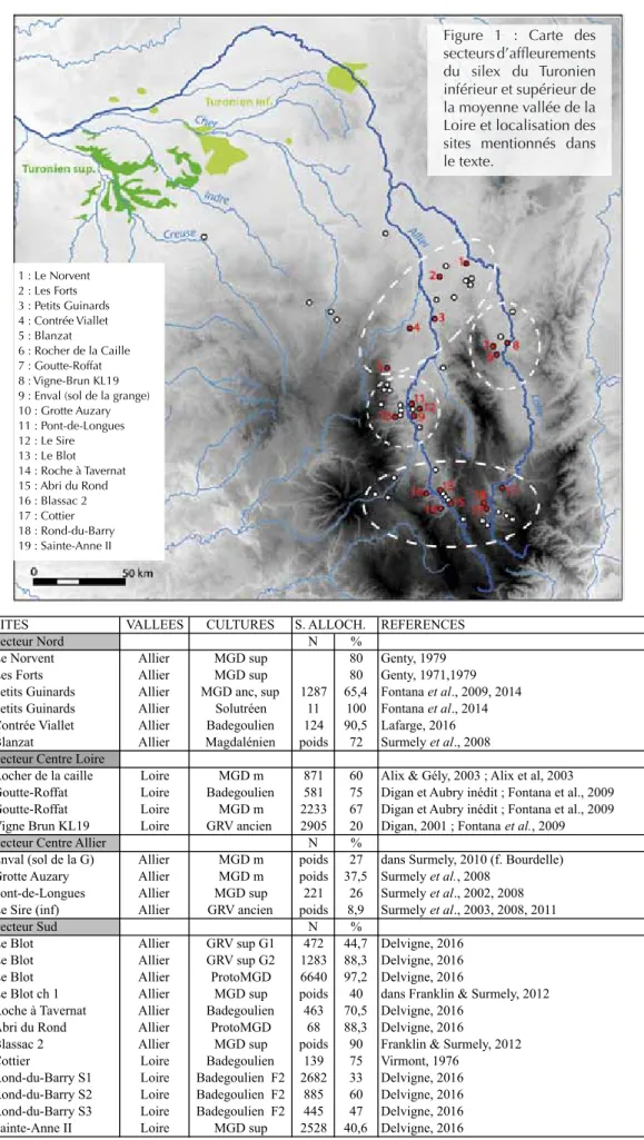 Figure 1 : Carte des  secteurs d’affleurements  du  silex  du  Turonien  inférieur et supérieur de  la moyenne vallée de la  Loire et localisation des  sites  mentionnés  dans  le texte.