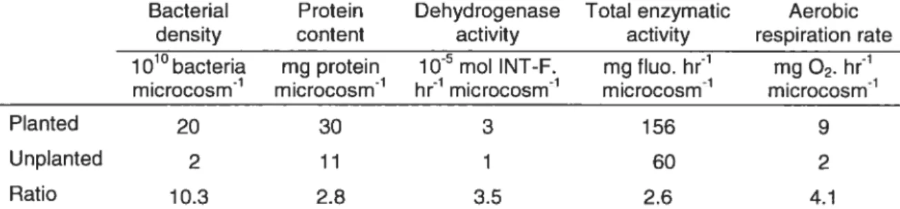 Table 2.1: Total microbial density and activity in planted (mean of all species) and unplanted rnicrocosms.