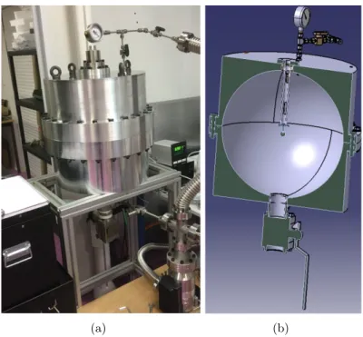 Figure 2. Actual realisation (a) and mechanical drawing (b) of the R2D2 detector. The two hemi- hemi-spheres can be seen as well as the pressure gauge, the HV connectors on top of the detector, and the large valve at the bottom to allow for the insertion o