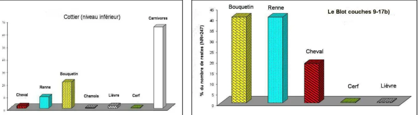 Figure 5 : Magdalénien moyen-supérieur du secteur Nord : spectres fauniques de l'abri Durif à Enval (d'après Delpech, 1998) et du  Pont-de-Longues (Fontana, 2000b) 