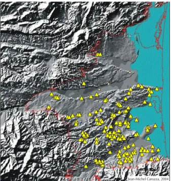 Fig. 4. Paléogéographie de la plaine du Roussillon lors du maximum transgressif holocène et relation avec les peuplements néolithiques.