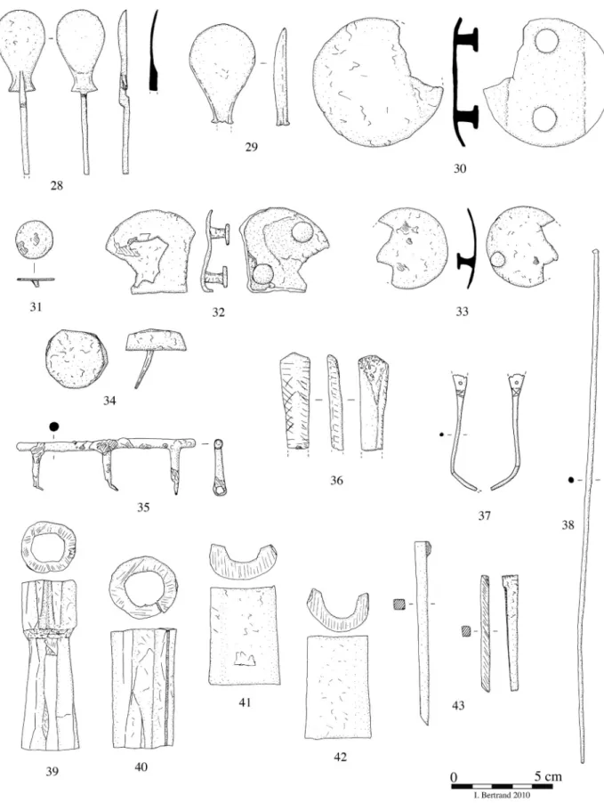 Figura 11: Parking du Calvaire, Ier-IIe s. Objets en alliage cuivreux (n° 28 à 35, 37, 38) et os (n° 36, 39 à 43)
