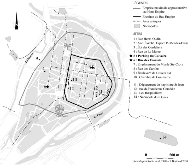 Figura 2: La ville antique de Lemonum (Poitiers) et les sites étudiés.