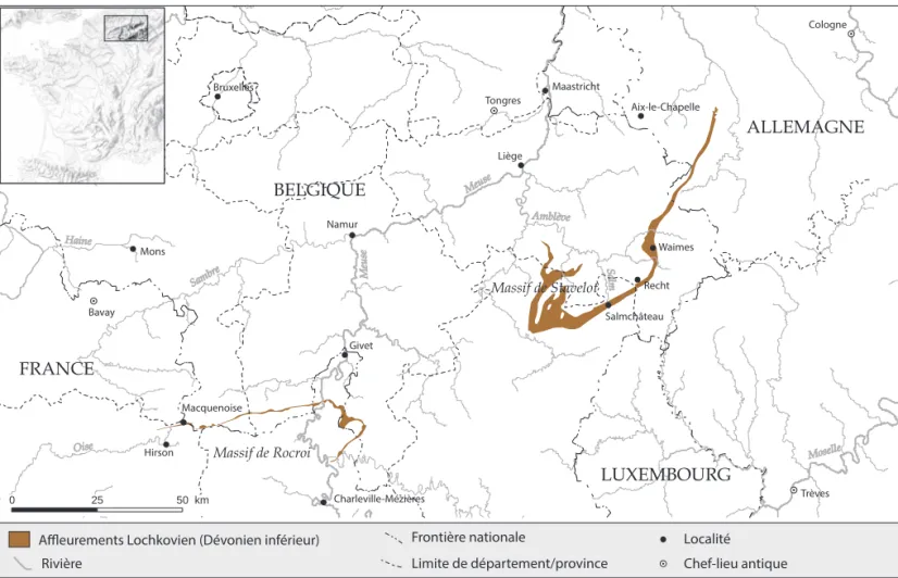 Fig. 1.  Les affleurements du Lochkovien (Dévonien inférieur) dans les massifs de Rocroi et de Stavelot (Ardenne)