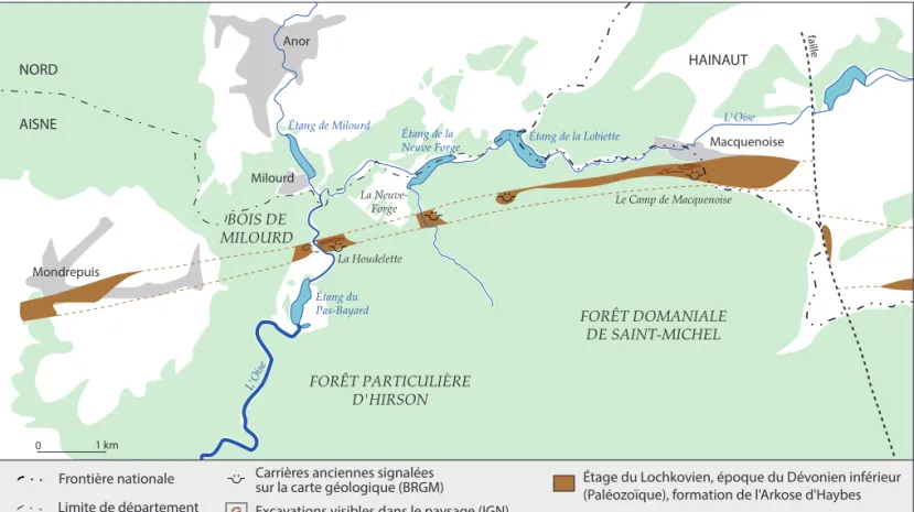 Fig. 2.  Le secteur carrier d’Hirson / Macquenoise, et sa position sur l’affleurement du Lochkovien (Dévonien inférieur)