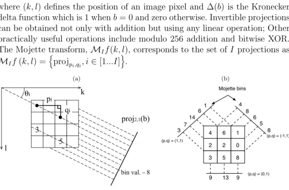Fig. 1. (a) A depiction of (p i , q i ), the corresponding angle, θ i , and the method of projection, i.e., summing pixel values centered on the line to give a bin value
