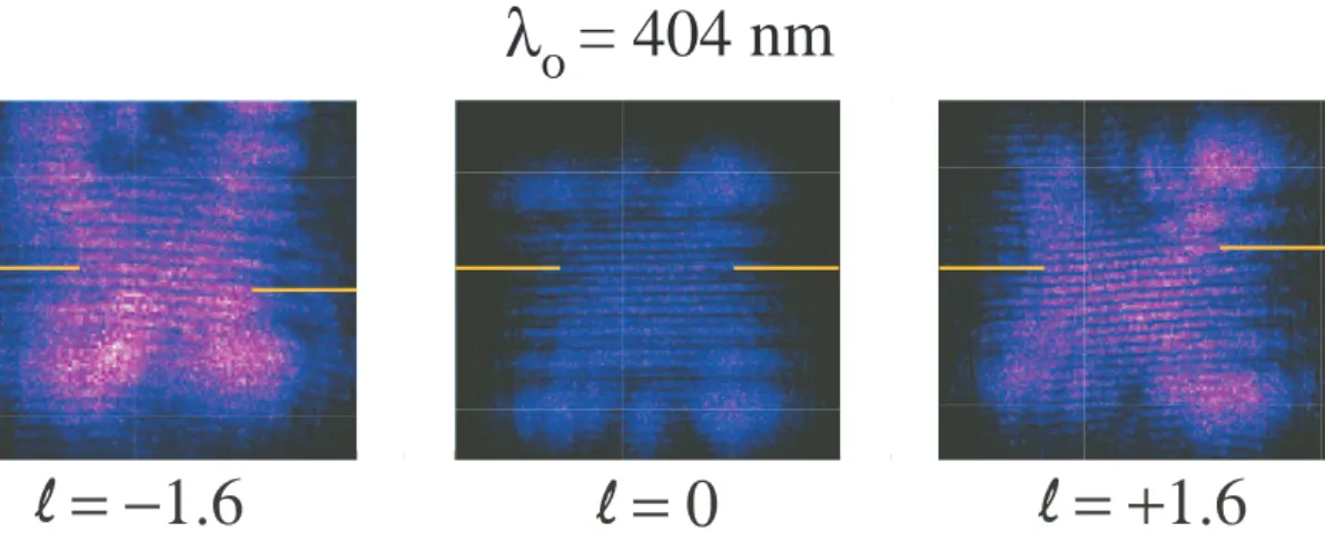Figure 5. Interference pattern of a blue twisted beam. The measured fractional topological charge are ℓ = −1.6, ℓ = 0 and ℓ = +1.6