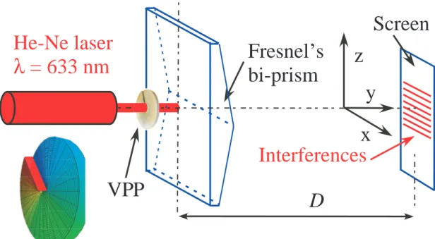 Figure 1. Experimental set up. VPP: Vortex Phase Plate. D: distance between the Fresnel bi-prism and the screen