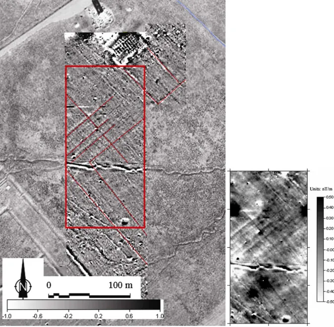 Fig. 4. Magnetic map in the royal gardens of Parsargades (Iran). Original magnetic map: channels and ditches are visible but  mixed  with  ploughing  effect