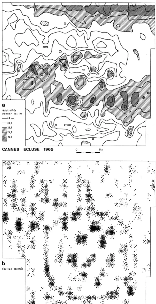 Fig.  1.  A  manual  resistivity  map  at  Cannes-Ecluse  (Seine  et  Marne,  France)  shows  a  Neolithic ring ditch initially hidden among the traces of an alluvial background; handmade  drawing and data processing by A
