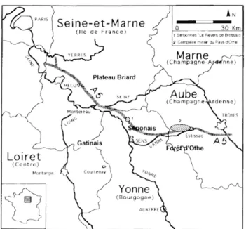 Fig.  1  :  emplacement des mines de silex fouillées  sur le  tracé de l'Autoroute A5