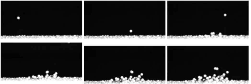 Figure 9: Successive Snapshots of a collision of a 6 mm PVC bead onto a granular packing of like particles (Beladjine et al., 2007)