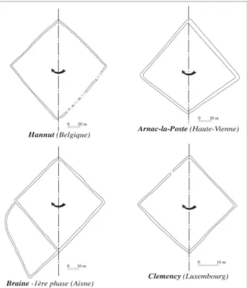Figure 2: exemples d'enclos quadrangulaires  à  symétrie axiale  probablement tracés au cordeau 