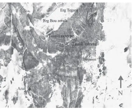 Fig. 1. Répartition  des sites étudiés  dans la  Tassili-n-Immidir (d’après  Image  Terrame-trics 2006).