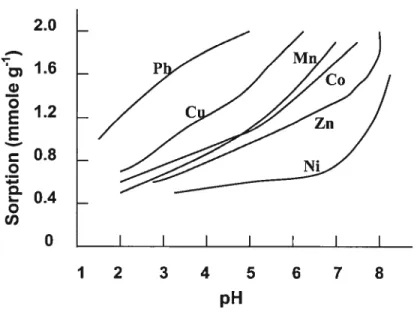 Figure 9 Adsorption de métaux traces par la birnessite en fonction du pH (Adapté de McKenzie, 1980).