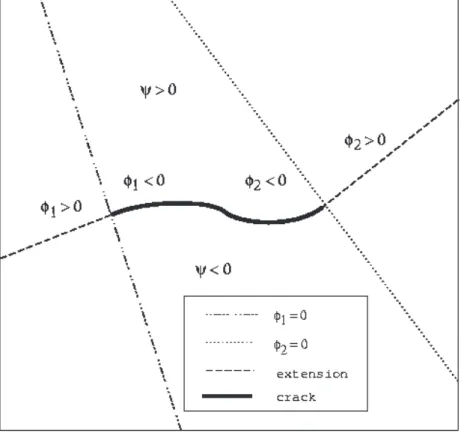 Figure 2. Les fonctions de niveau permettant de situer une fissure à deux fronts sur un maillage