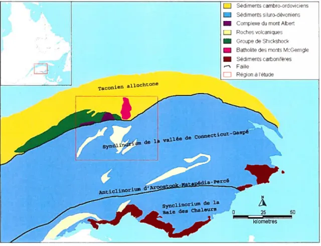 Figure 2.3 : Unités structurales et géologie de la Gaspésie (Carte inspirée de Malo et Béland 1989 et Brisbois et al., 1991)