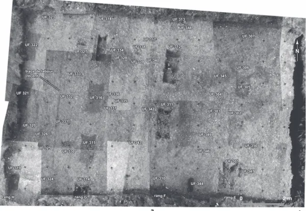 Fig. 59 – a, photo-mosaïque du secteur 3 en fin de fouilles ; b, plan général des structures du secteur 3 ;   c, interprétation du plan général des structures du secteur 3 (clichés et montage : H