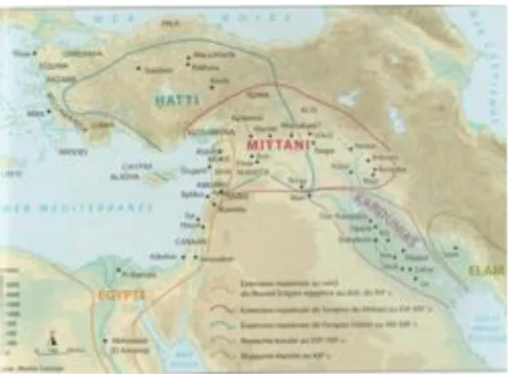 Fig. 1 : Carte du Proche-Orient ancien aux XVI-XIIIe s. av. J.-C. (Bordreuil 2014, p. 475)