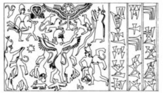 Fig. 2 : Dessin de l’impression du sceau-cylindre de Sauštatar, souverain du Mittani (2nde moitié du Xe s