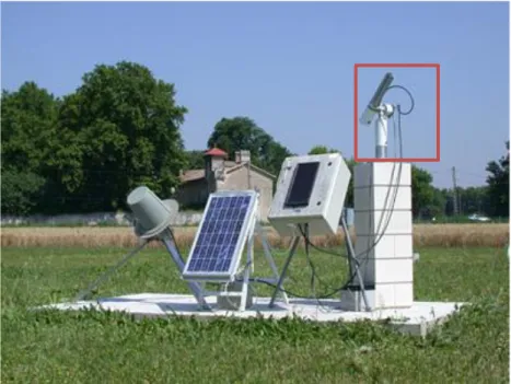 Figure 9 : Station de mesure AERONET, à droite (dans le rectangle rouge), le bras robotisé de mesure et ses équipements  pour son apport en énergie et la transmission des données par satellites lorsque cela est possible